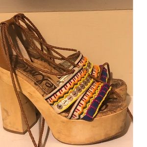 Colorful embroidery wrap tie chunky heels